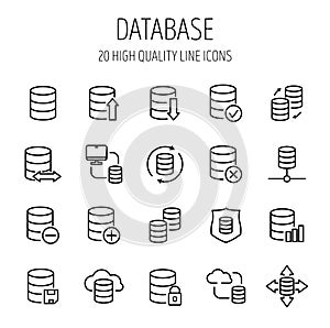 Set of database icons in modern thin line style.