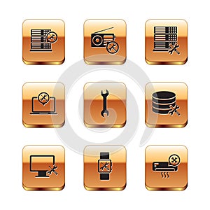 Set Database server service, Computer monitor, Smartwatch, Wrench, Laptop, Air conditioner and Radio icon. Vector