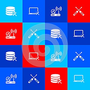 Set Database server service, Laptop, Router wi-fi and Crossed screwdrivers icon. Vector