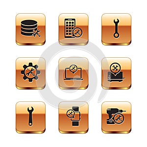 Set Database server service, Wrench, Smartwatch, Laptop, and screwdriver in gear, Drill machine and Mobile Apps icon