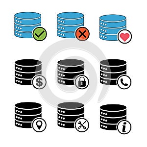 Set of Database storage icon, internet network server cloud data symbol, connection system vector illustration