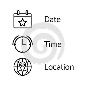 Set date, time and location Icons for graphic design.Isolated on a White Background