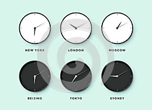 Set of day and night clock for time zones different cities
