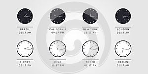 Set of day and night clock for time zones different cities. Vector Illustration