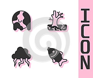 Set Dead fish, Global warming, Storm and Withered tree icon. Vector