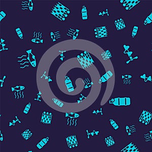 Set Dead fish, Hand ice drill, Fishing net pattern and Aqualung on seamless pattern. Vector