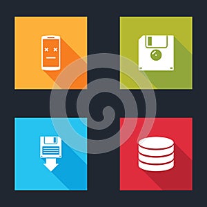 Set Dead mobile, Floppy disk, backup and Database icon. Vector