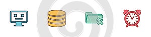 Set Dead monitor, Database, Delete folder and Alarm clock icon. Vector