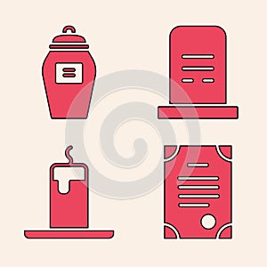 Set Death certificate, Funeral urn, Grave with tombstone and Burning candle icon. Vector