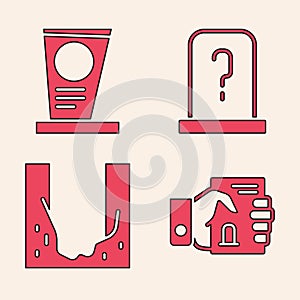 Set Death certificate in hand, Grave with tombstone, Grave with tombstone and Cemetery digged grave hole icon. Vector