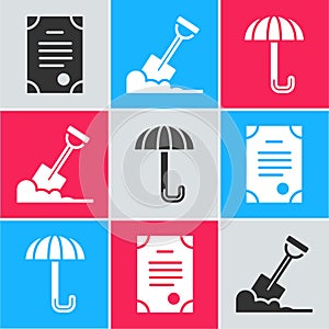 Set Death certificate, Shovel in the ground and Umbrella icon. Vector