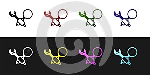 Set Debugging icon isolated on black and white background. Debugging tool. Magnifying glass on bug programming. Testing