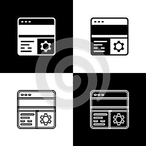 Set Debugging icon isolated on black and white background. Debugging tool. Magnifying glass on bug programming. Testing