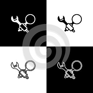 Set Debugging icon isolated on black and white background. Debugging tool. Magnifying glass on bug programming. Testing