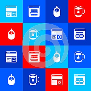 Set Debugging, MySQL code, Computer mouse and Cup of tea with tea bag icon. Vector