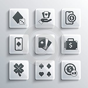 Set Deck of playing cards, Casino chips, Briefcase and money, slot machine with clover, Online poker table game, Game
