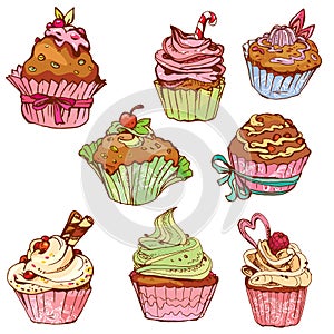 Set of decorated sweet cupcakes - elements for cafe
