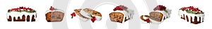 Set with decorated traditional Christmas cakes on white background. Banner design