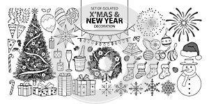 Set of decoration for Christmas and New year. Vector illustration in black outline and white plane.