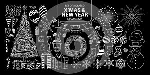 Set of decoration for Christmas and New year. Vector illustration only white outline.