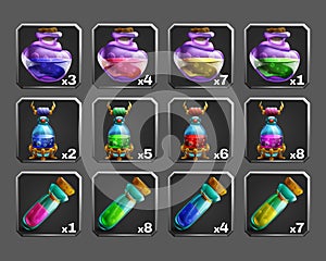 Set of decoration icons for games. Bottles of potion.