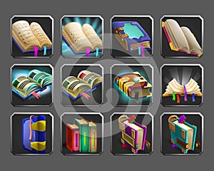 Set of decoration icons for games. Collection of magic books.