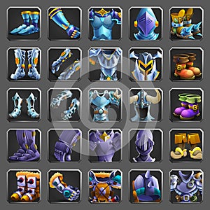 Set of decoration icons for games. Collection of medieval armors.