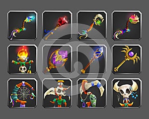 Set of decoration icons for games. Collection of medieval magic weapons.