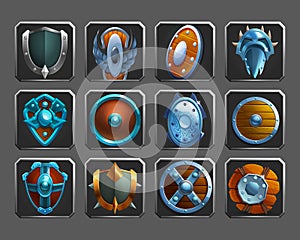 Set of decoration icons for games. Collection of medieval shields.