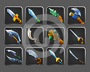 Set of decoration icons for games. Collection of medieval weapons.