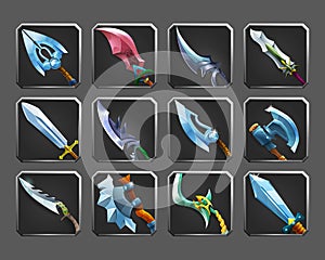 Set of decoration icons for games. Collection of medieval weapons.