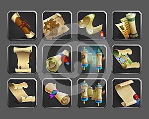 Set of decoration icons for games. Collection of scrolls, parchments, maps.