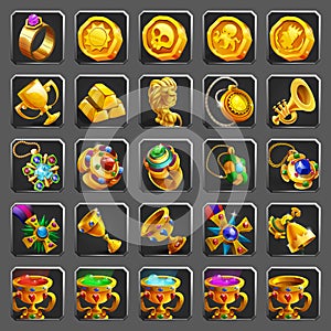 Set of decoration icons for games. Golden reward, treasure, achievement and token.