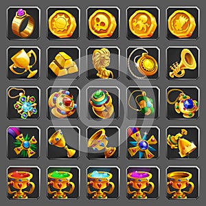 Set of decoration icons for games. Golden reward, treasure, achievement and token. photo