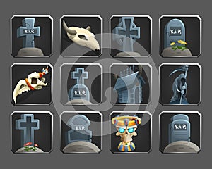 Set of decoration icons for games. Grave, death and sculls.