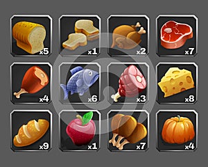 Set of decoration icons for games. Meat, bread, fish and other food.