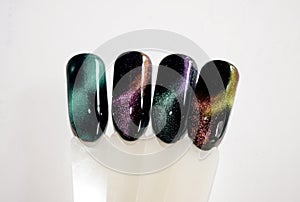 Set decoration for nail design. Colorful nail gel in tips isolated white background.