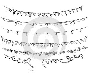 Set of decorations. Flags and lights. Vector sketch.