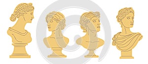 Set of decorative ancient Greek statues of men and women. Antique sculpture in modern flat style.