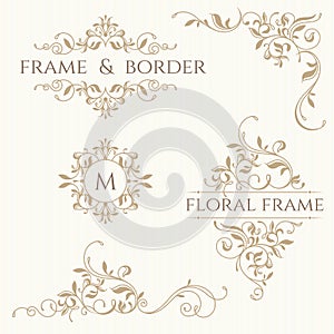 Set of decorative  borders and monograms. Template signage, labels, stickers, cards. Classic design elements for wedding