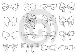 Set of decorative bow for your design. Vector bow silhouette isolated on white. Coloring book