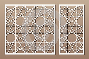 Set decorative card for cutting. Arab linear geometric mosaic pattern. Laser cut. Ratio 1:1, 1:2. Vector illustration