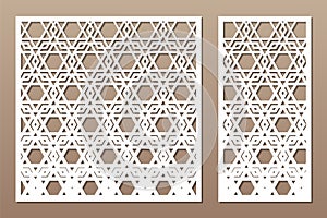 Set decorative card for cutting. Arabic geometric mosaic pattern. Laser cut. Ratio 1:1, 1:2. Vector illustration