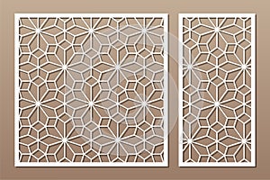 Set decorative card for cutting. Arabic linear mosaic pattern. Laser cut. Ratio 1:1, 1:2. Vector illustration