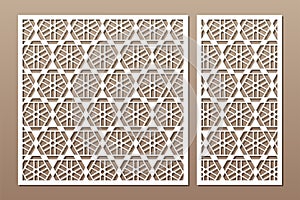 Set decorative card for cutting. Geometric linear pattern. Laser cut. Ratio 1:1, 1:2. Vector illustration