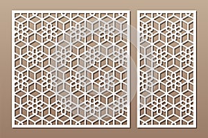 Set decorative card for cutting. Line Arab weaving pattern. Laser cut. Ratio 1:1, 1:2. Vector illustration