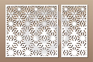 Set decorative card for cutting. Linear geometric mosaic pattern. Laser cut. Ratio 1:1, 1:2. Vector illustration