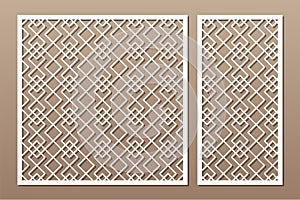 Set decorative card for cutting. Linear square geometric celtic weave pattern. Laser cut. Ratio 1:1, 1:2. Vector illustration