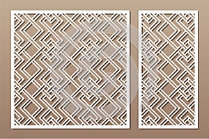 Set decorative card for cutting. Linear square geometric celtic weave pattern. Laser cut. Ratio 1:1, 1:2. Vector illustration