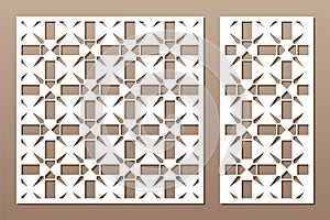 Set decorative card for cutting. Linear square geometric mosaic pattern. Laser cut. Ratio 1:1, 1:2. Vector illustration